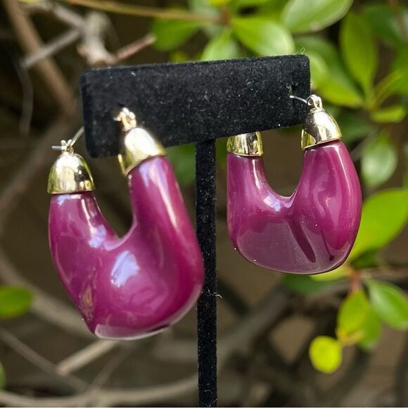NWT New Urban Outfitters (UO) Purple & Gold Chunky Acrylic Hoop Earrings - Picture 1 of 5